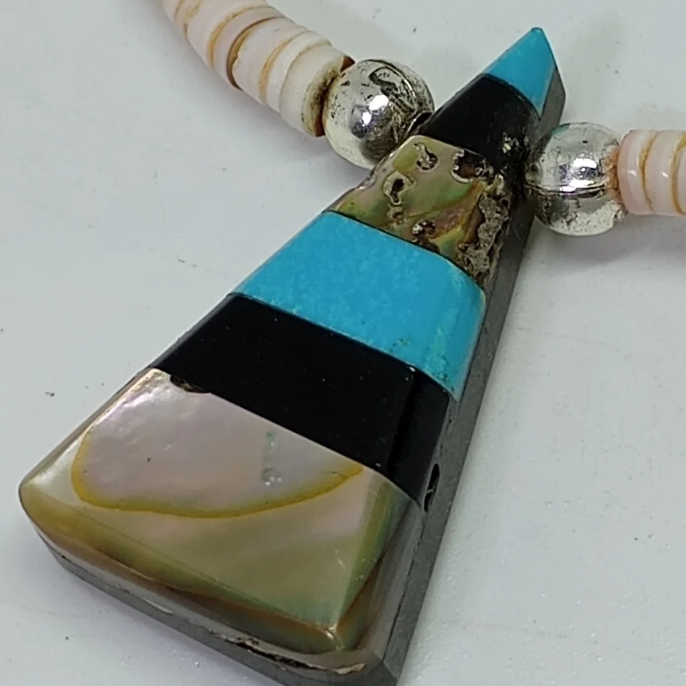 * vintage Navajo heishi oyster shell & stone inlay necklace 21" - Picture 4 of 6